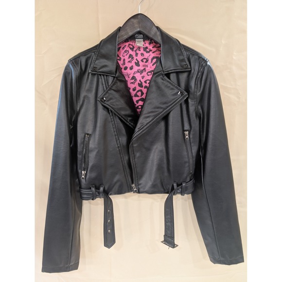 Abbey Dawn by Avril Lavigne XL Black Vegan Leather Moto Jacket Pink Lined - Picture 1 of 7